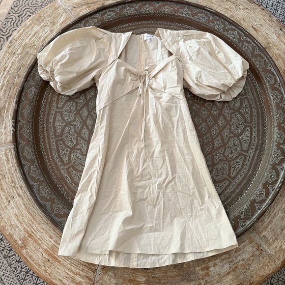 FRAME Off White Tie Neck Puff Sleeve Mini Dress Minimalist Soft Neutral XS - Picture 4 of 7